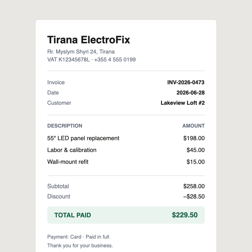 TV repair invoice